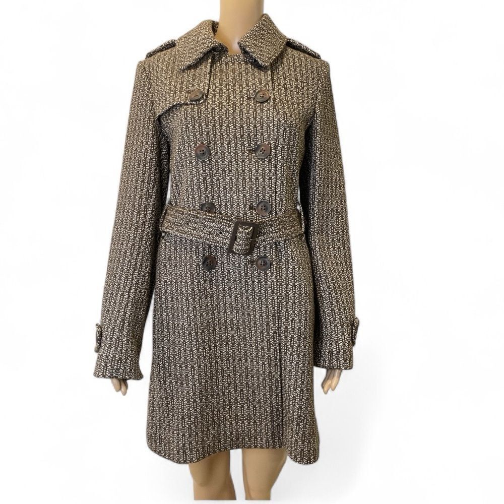 DKNY Women’s Button Front Belted Geometric Print Line Stylish Tweed Coat size 6